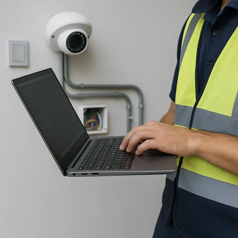 Technicien CoproSécurit intervenant sur une caméra de sécurité